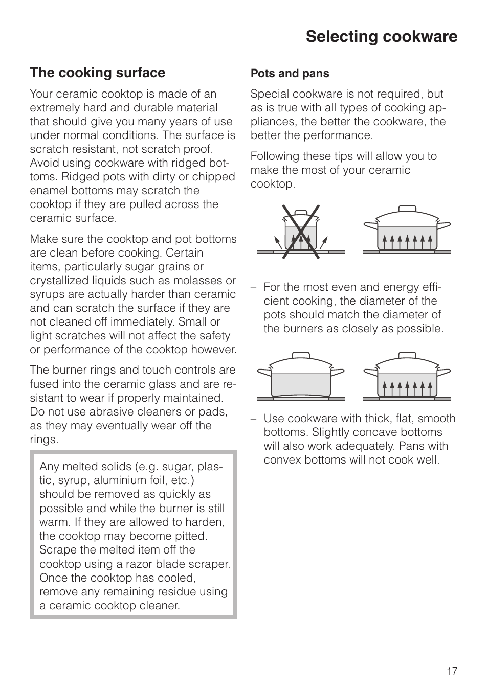 Selecting cookware 17, The cooking surface 17, Selecting cookware | The cooking surface | Miele KM 443 User Manual | Page 17 / 28