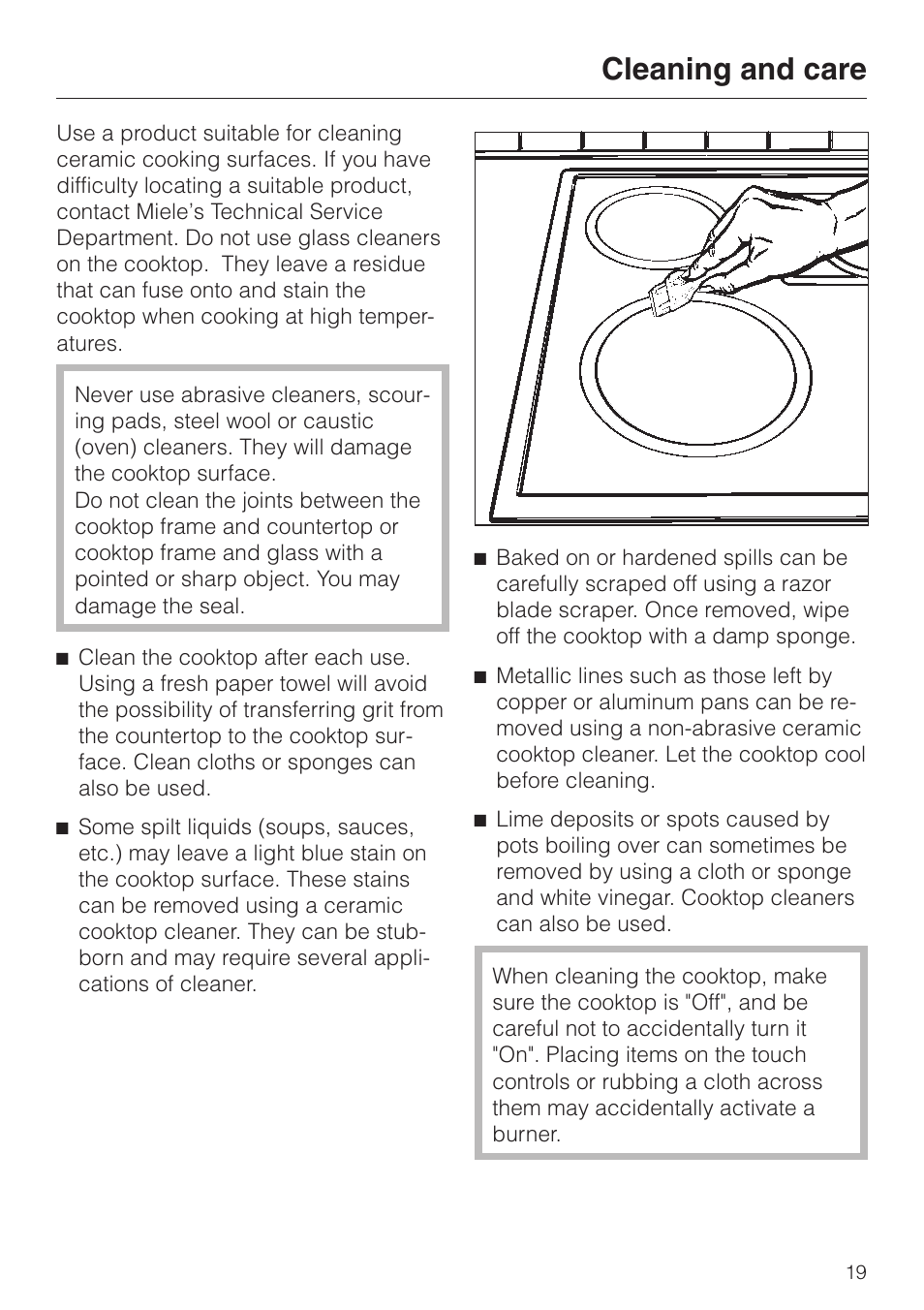 Cleaning and care 19, Cleaning and care | Miele KM 443 User Manual | Page 19 / 28