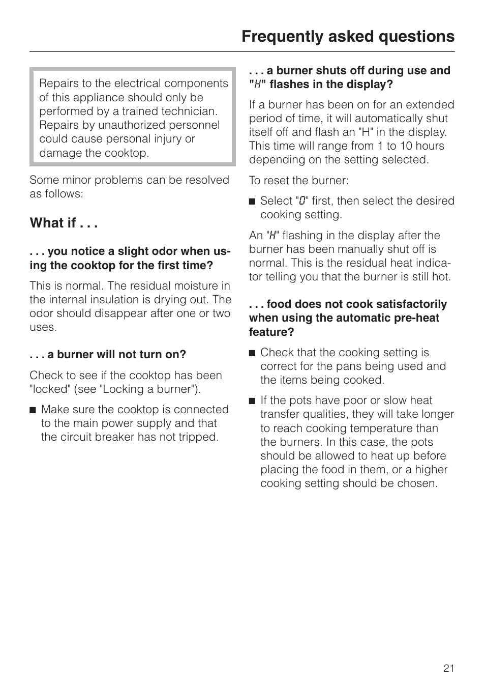 Frequently asked questions 21, Frequently asked questions, What if | Miele KM 443 User Manual | Page 21 / 28