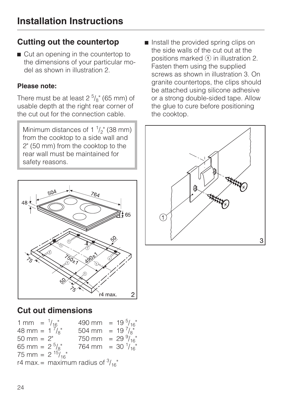 Installation instructions, Cutting out the countertop, Cut out dimensions | Miele KM 443 User Manual | Page 24 / 28