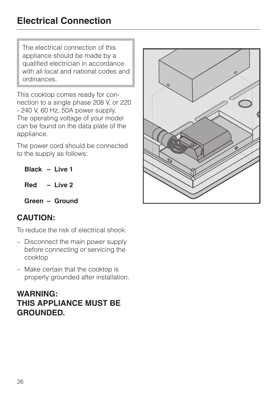 Electrical connection 26, Electrical connection, Caution | Warning: this appliance must be grounded | Miele KM 443 User Manual | Page 26 / 28