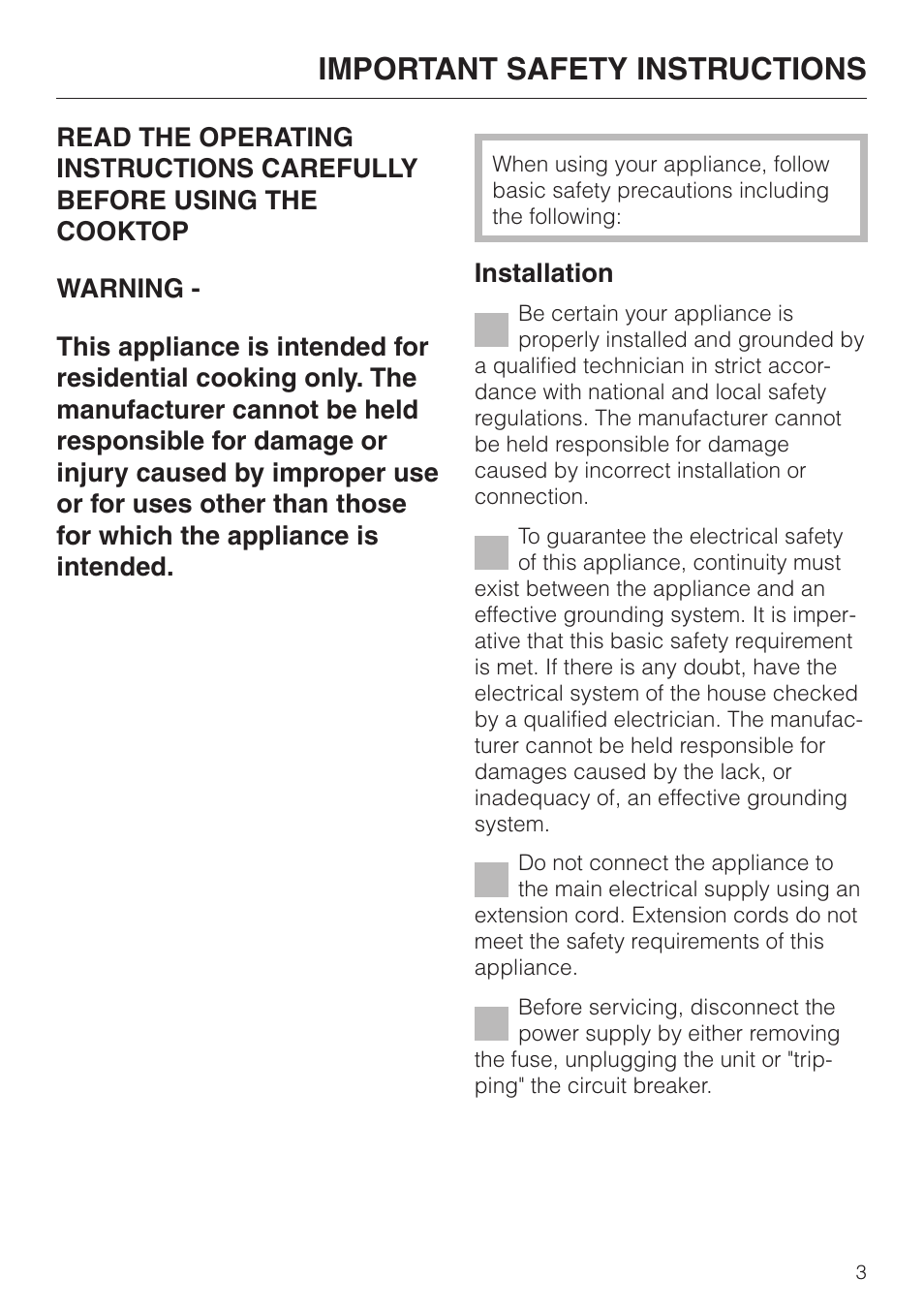 Important safety instructions 3, Important safety instructions | Miele KM 443 User Manual | Page 3 / 28
