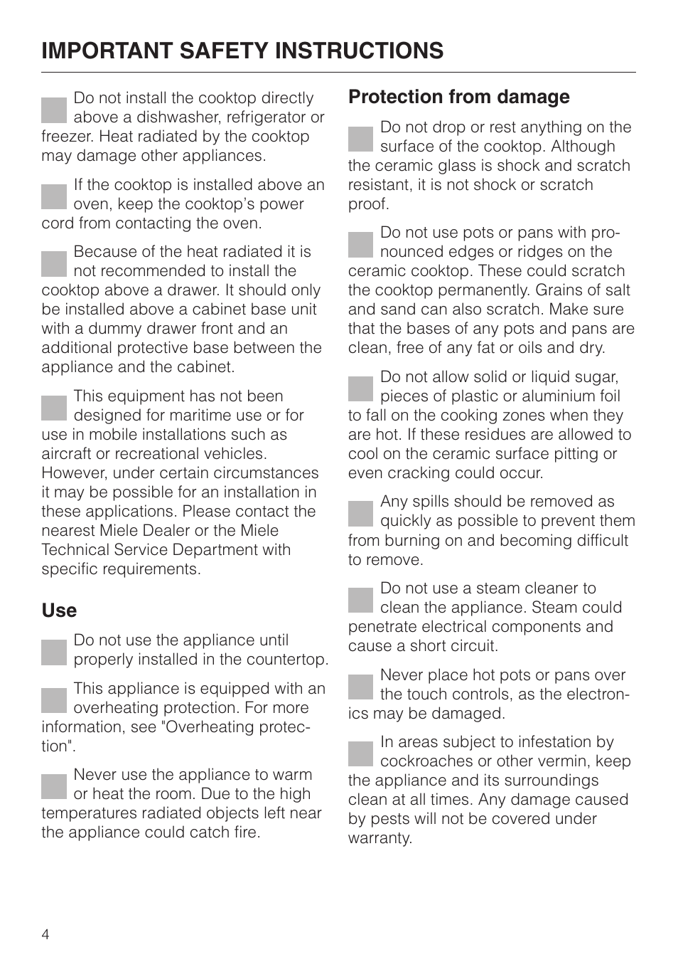 Important safety instructions, Protection from damage | Miele KM 443 User Manual | Page 4 / 28