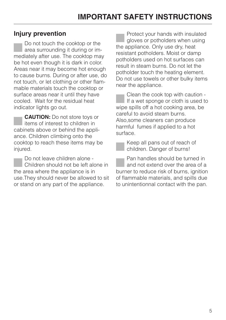Important safety instructions, Injury prevention | Miele KM 443 User Manual | Page 5 / 28