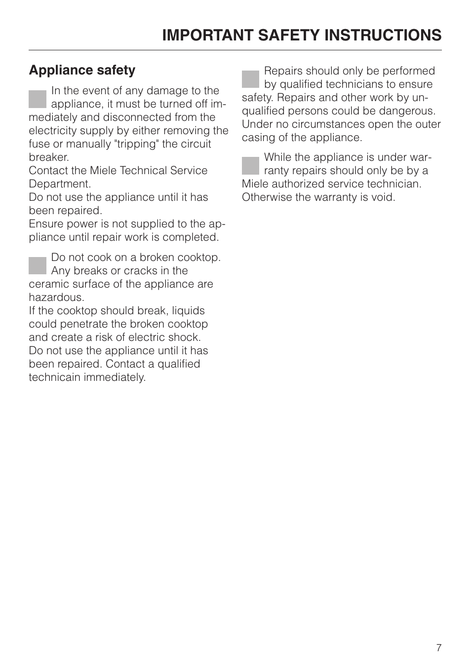 Important safety instructions, Appliance safety | Miele KM 443 User Manual | Page 7 / 28