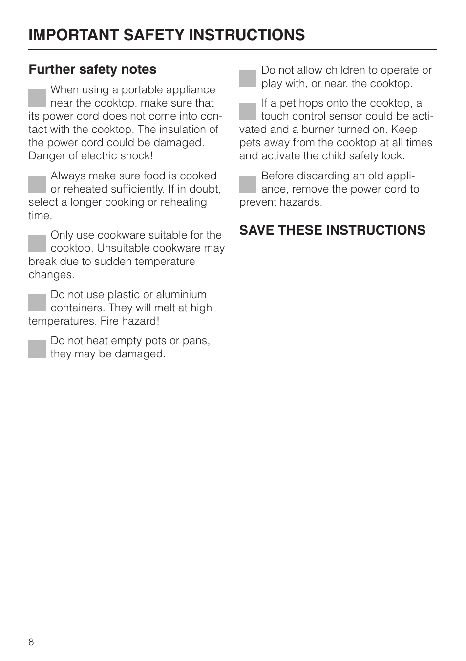 Important safety instructions, Save these instructions | Miele KM 443 User Manual | Page 8 / 28