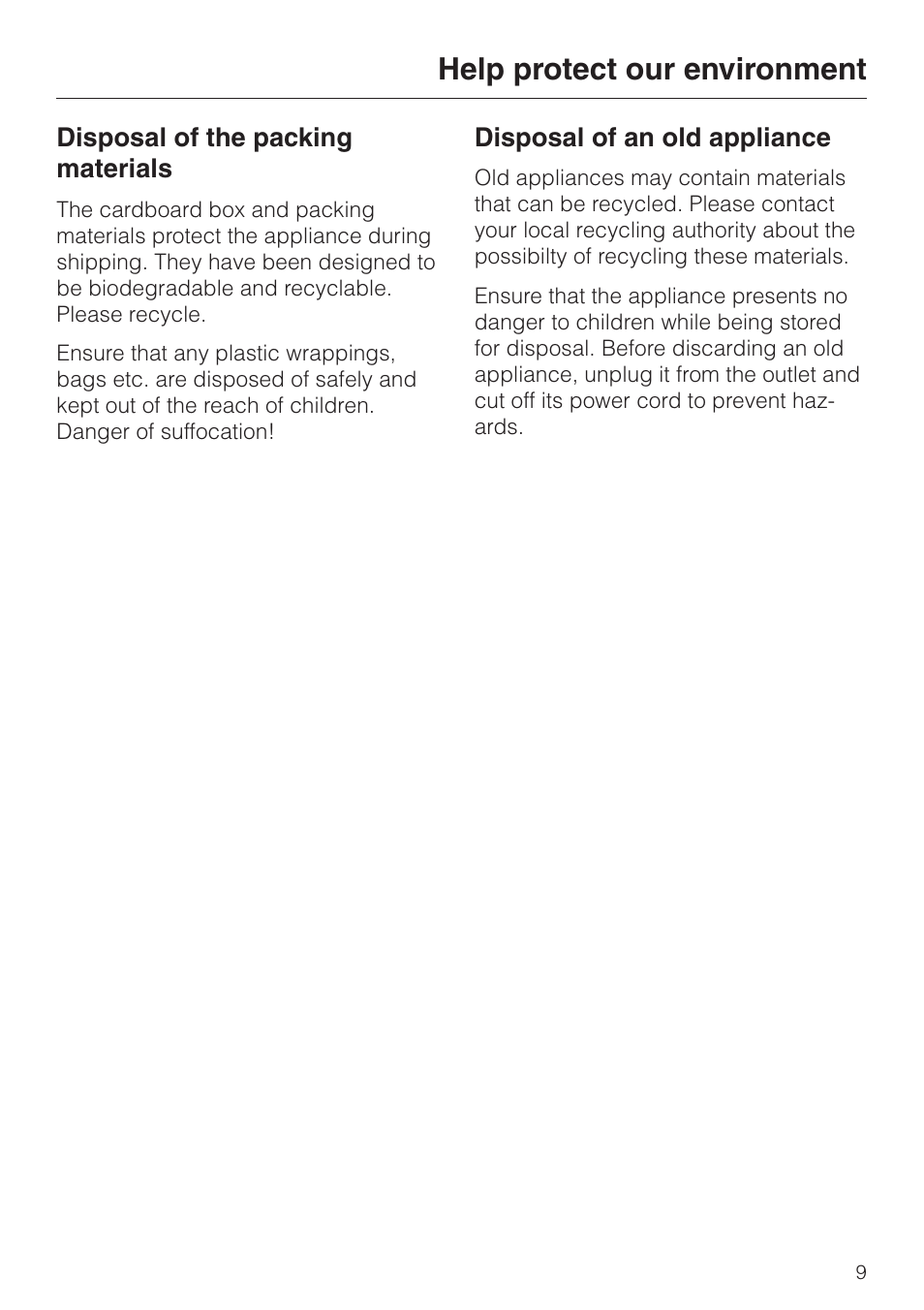 Help protect our environment 9, Disposal of the packing materials 9, Disposal of an old appliance 9 | Help protect our environment | Miele KM 443 User Manual | Page 9 / 28