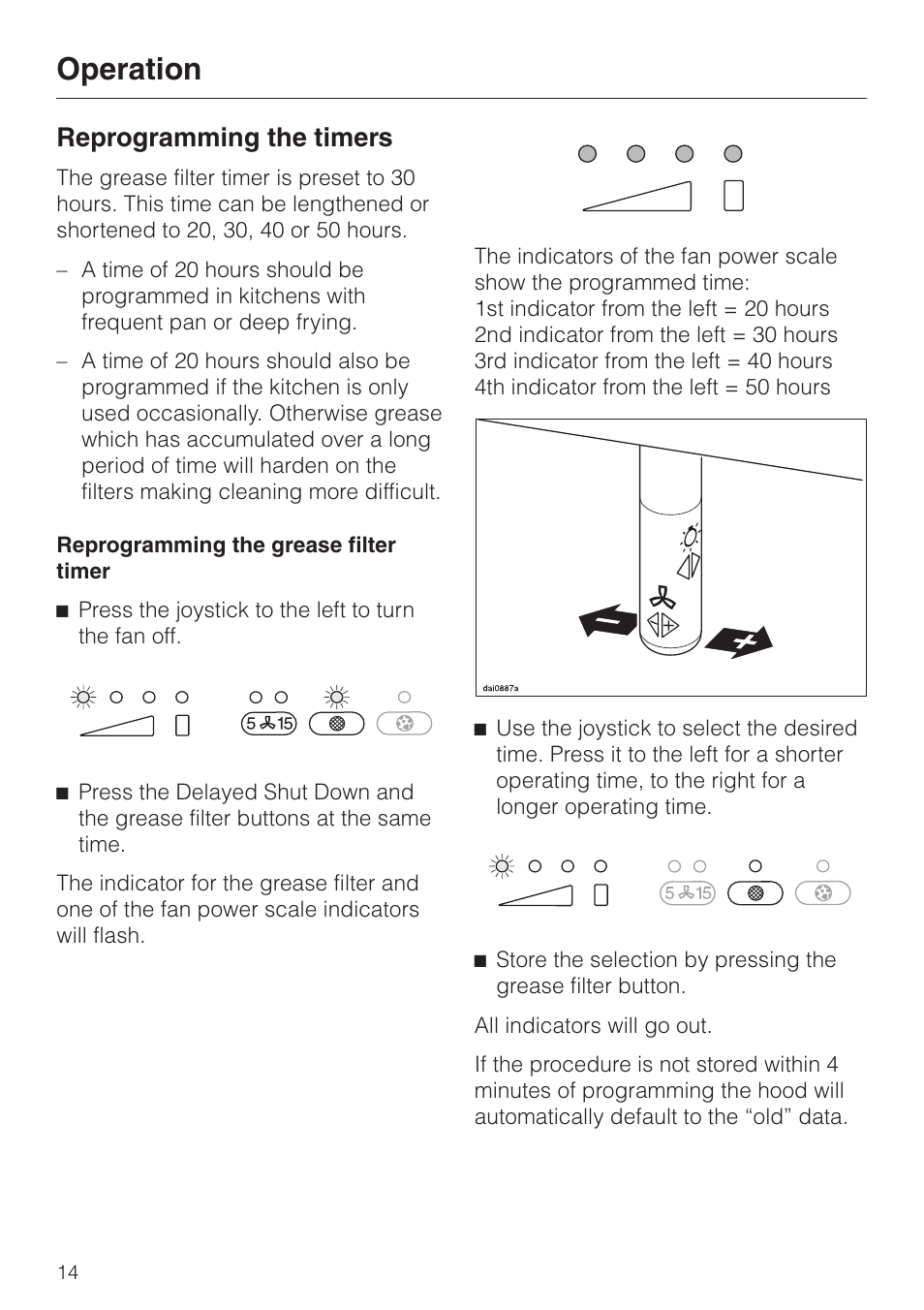Reprogramming the timers 14, Reprogramming the timers, Operation | Miele DA 362-75 User Manual | Page 14 / 40