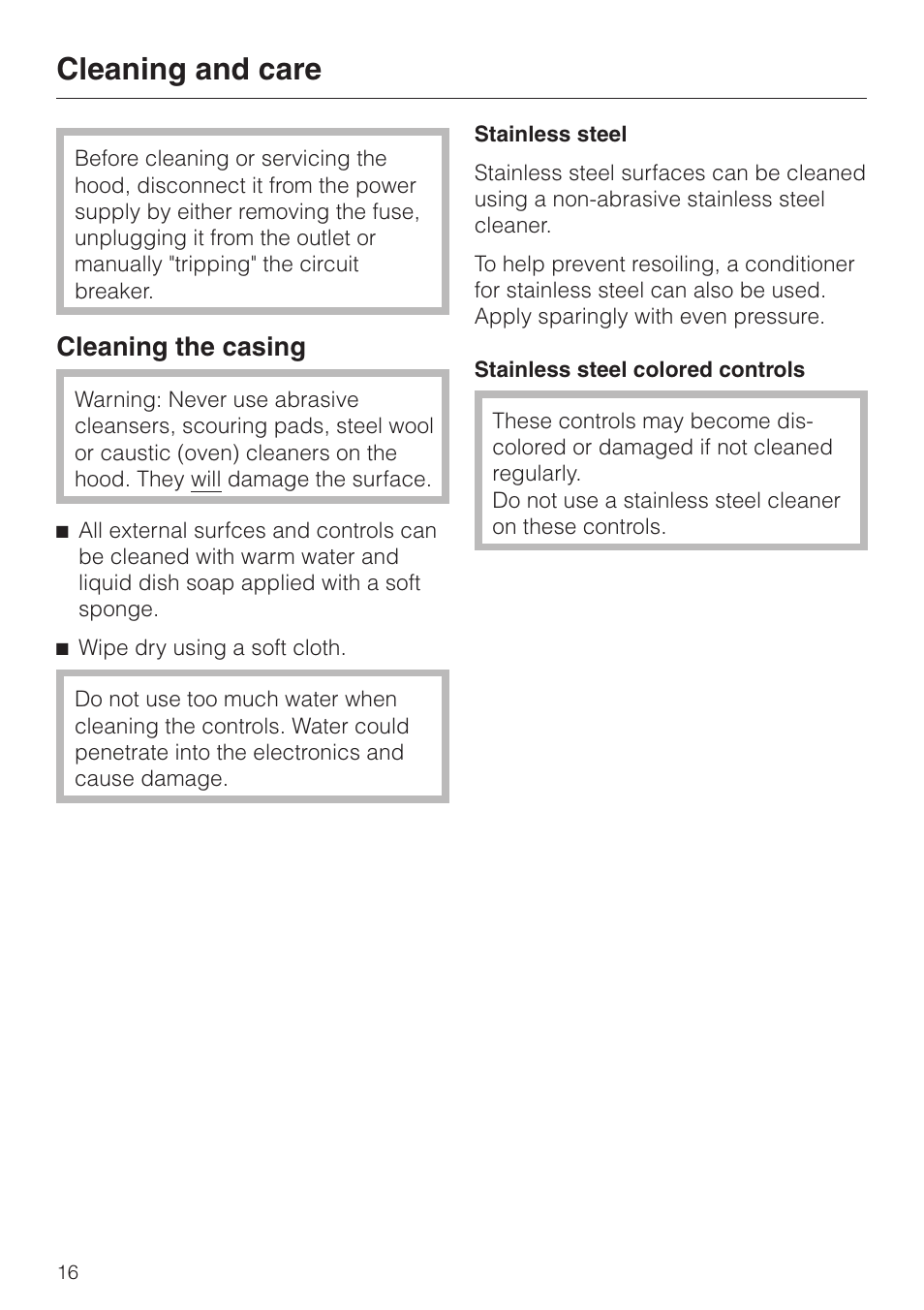 Cleaning and care 16, Cleaning the casing 16, Cleaning and care | Cleaning the casing | Miele DA 362-75 User Manual | Page 16 / 40