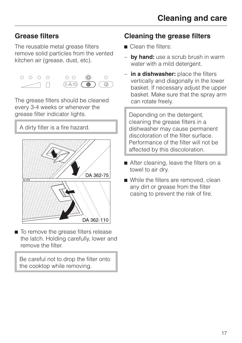 Grease filters 17, Grease filters, Cleaning and care | Cleaning the grease filters | Miele DA 362-75 User Manual | Page 17 / 40