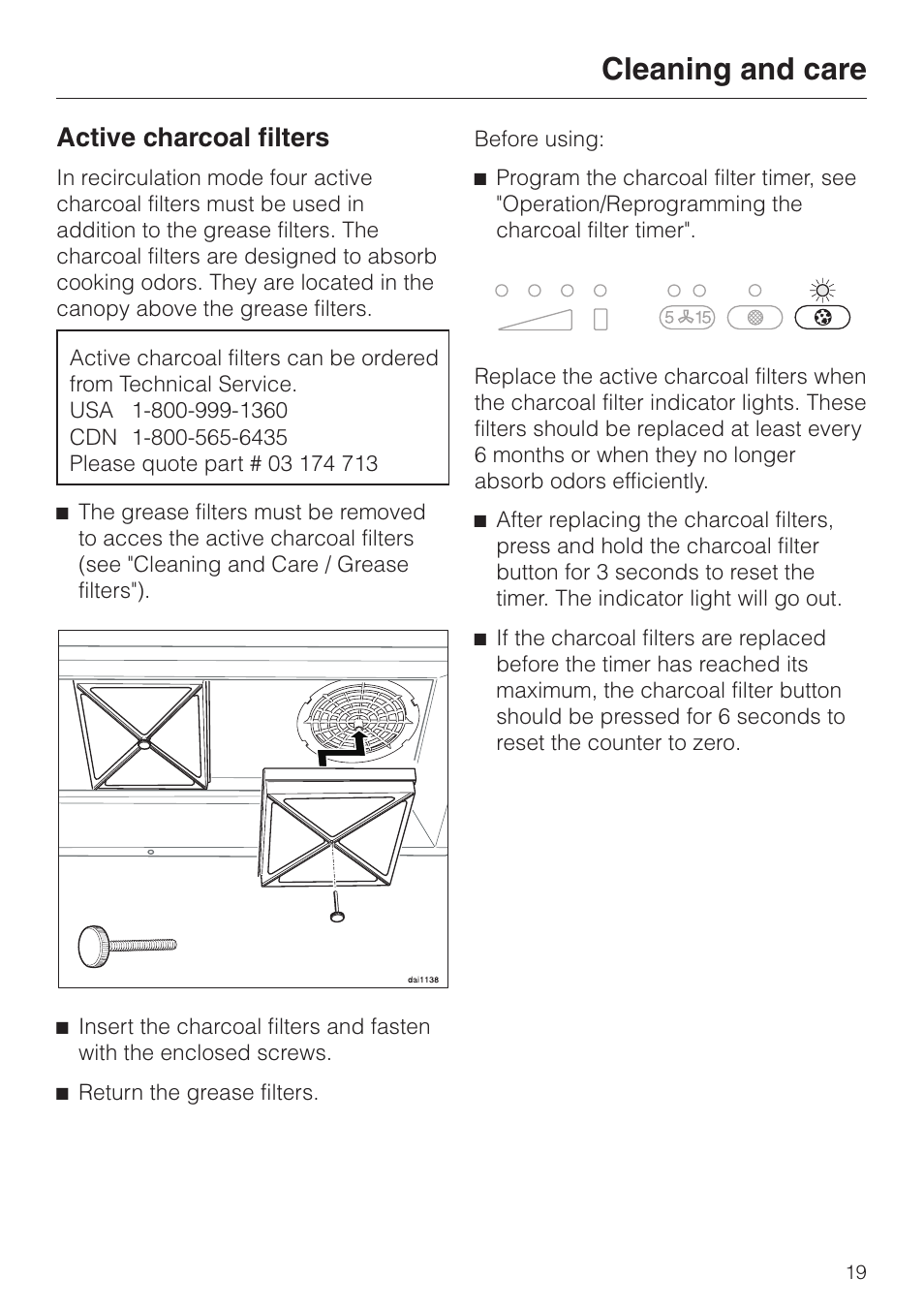Active charcoal filters 19, Active charcoal filters, Cleaning and care | Miele DA 362-75 User Manual | Page 19 / 40