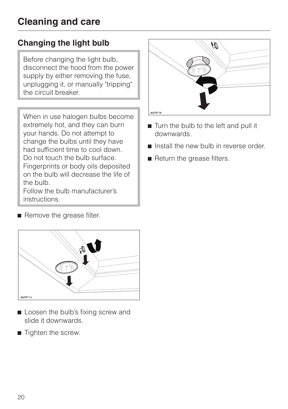 Changing the light bulb 20, Changing the light bulb, Cleaning and care | Miele DA 362-75 User Manual | Page 20 / 40