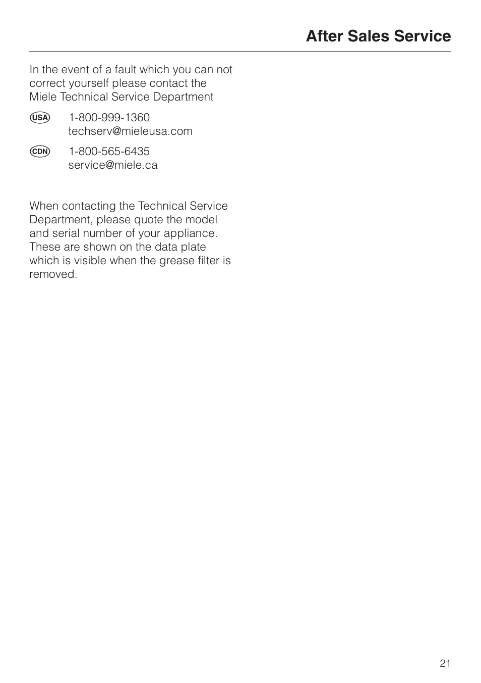 After sales service 21, After sales service | Miele DA 362-75 User Manual | Page 21 / 40