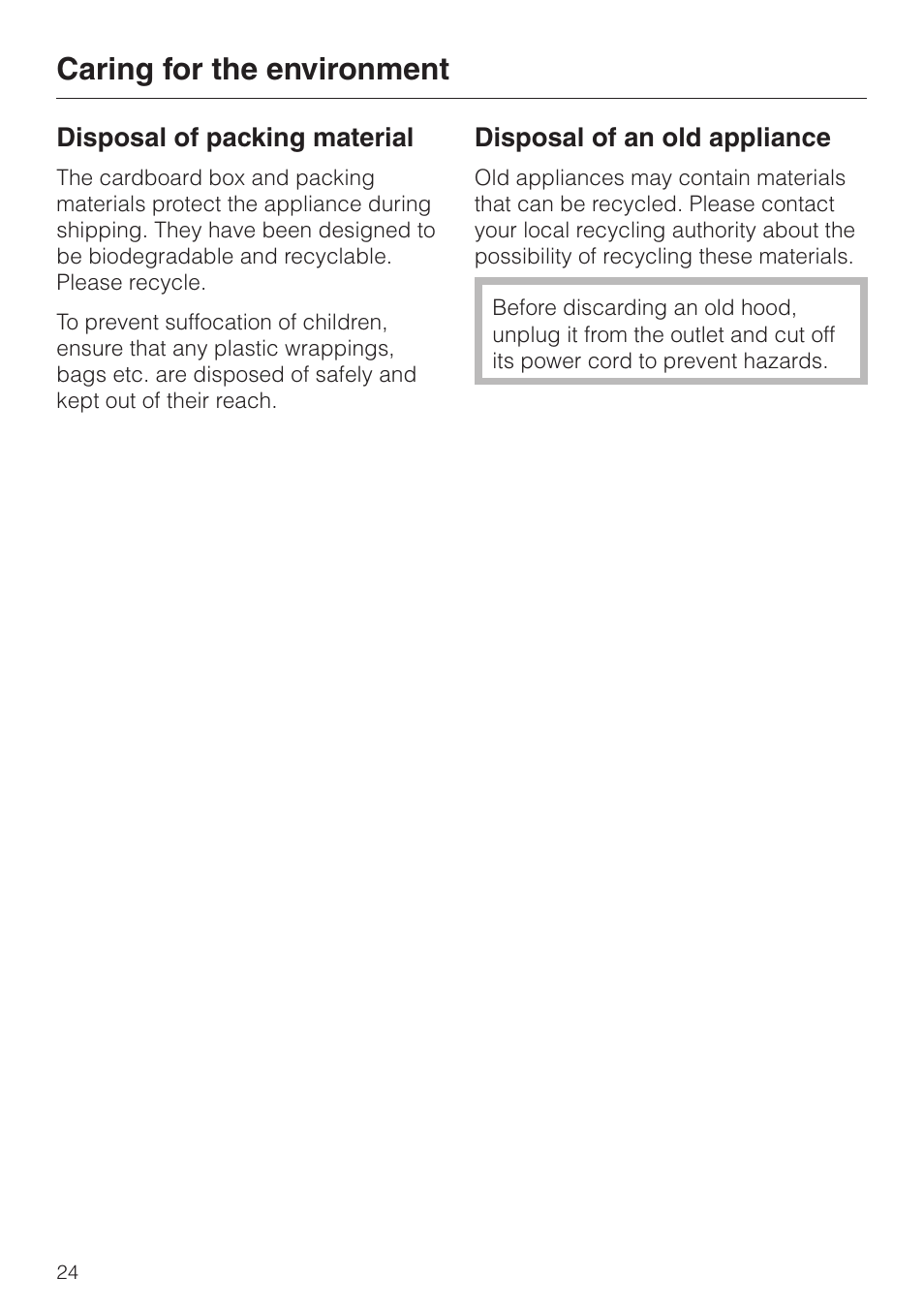 Caring for the environment 24, Caring for the environment | Miele DA 362-75 User Manual | Page 24 / 40