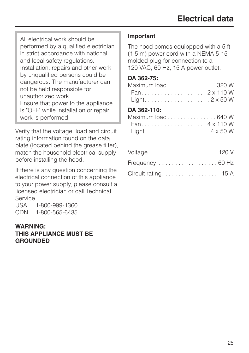 Electrical data 25, Electrical data | Miele DA 362-75 User Manual | Page 25 / 40