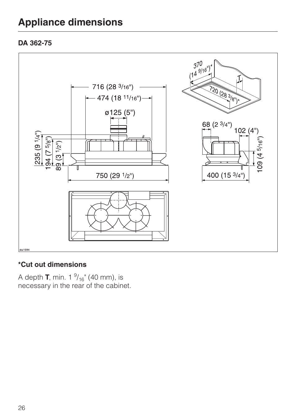 Appliance dimensions 26, Appliance dimensions | Miele DA 362-75 User Manual | Page 26 / 40