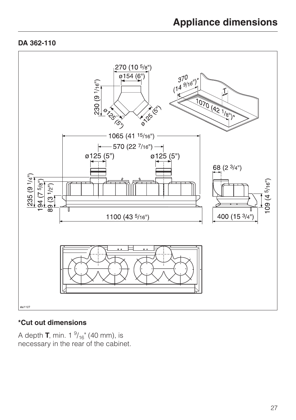 Appliance dimensions | Miele DA 362-75 User Manual | Page 27 / 40