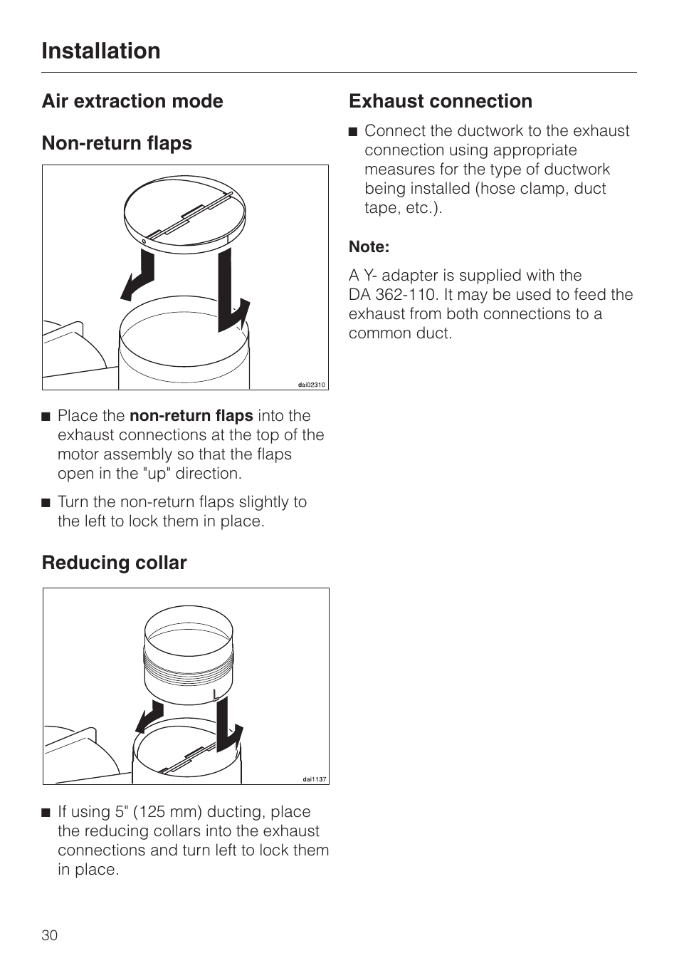 Air extraction mode 30, Air extraction mode, Installation | Air extraction mode non-return flaps, Reducing collar, Exhaust connection | Miele DA 362-75 User Manual | Page 30 / 40
