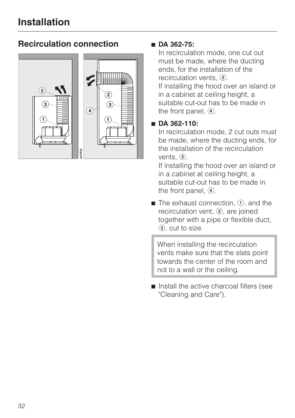Installation, Recirculation connection | Miele DA 362-75 User Manual | Page 32 / 40