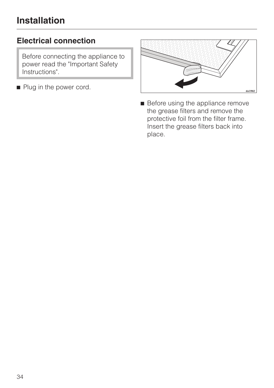 Electrical connection 34, Electrical connection, Installation | Miele DA 362-75 User Manual | Page 34 / 40
