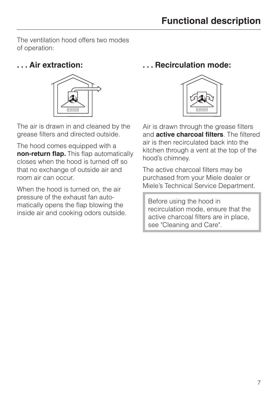 Functional description 7, Functional description, Air extraction | Recirculation mode | Miele DA 362-75 User Manual | Page 7 / 40