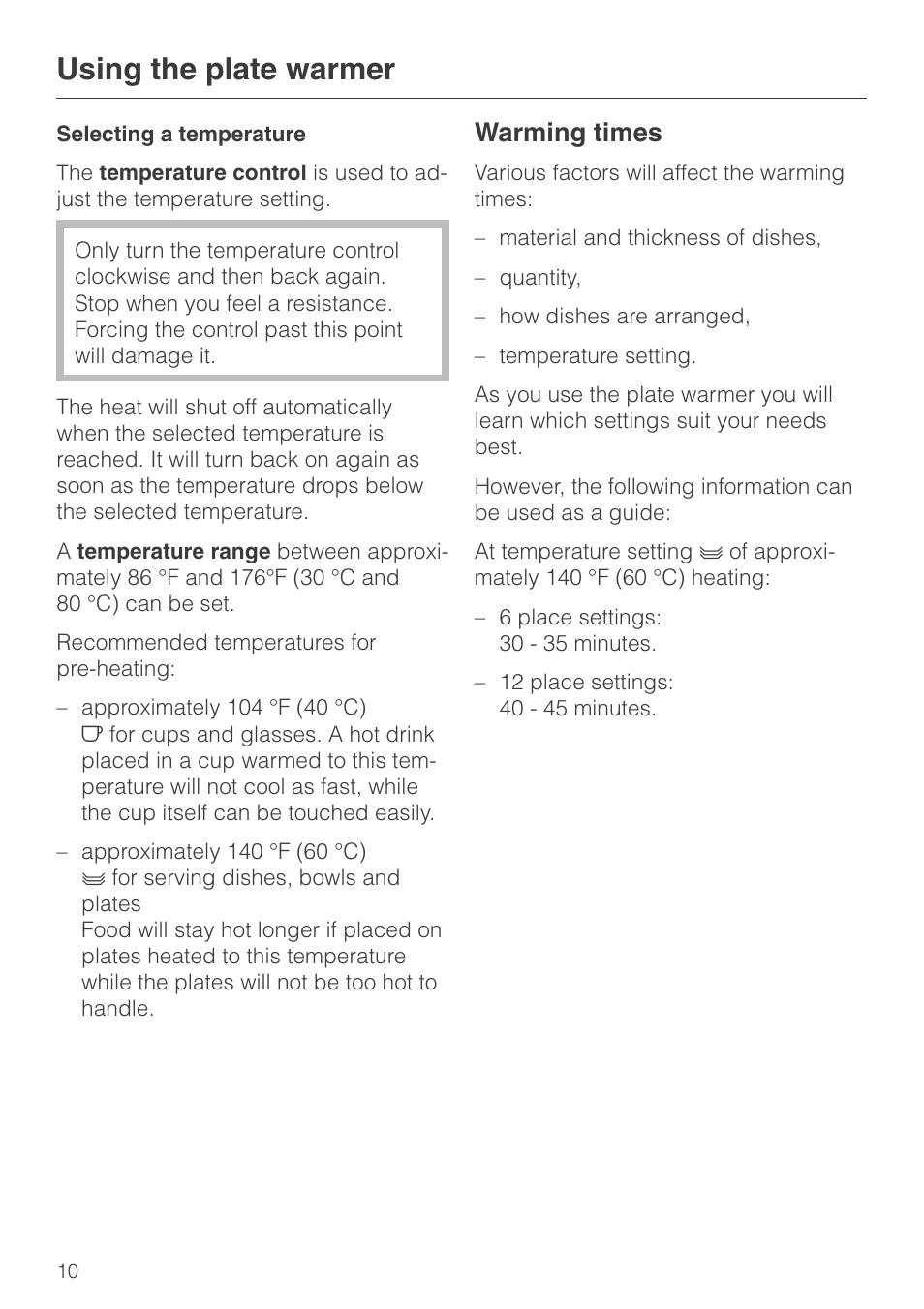 Selecting a temperature 10, Warming times 10, Selecting a temperature | Warming times, Using the plate warmer | Miele EGW602-14 User Manual | Page 10 / 20