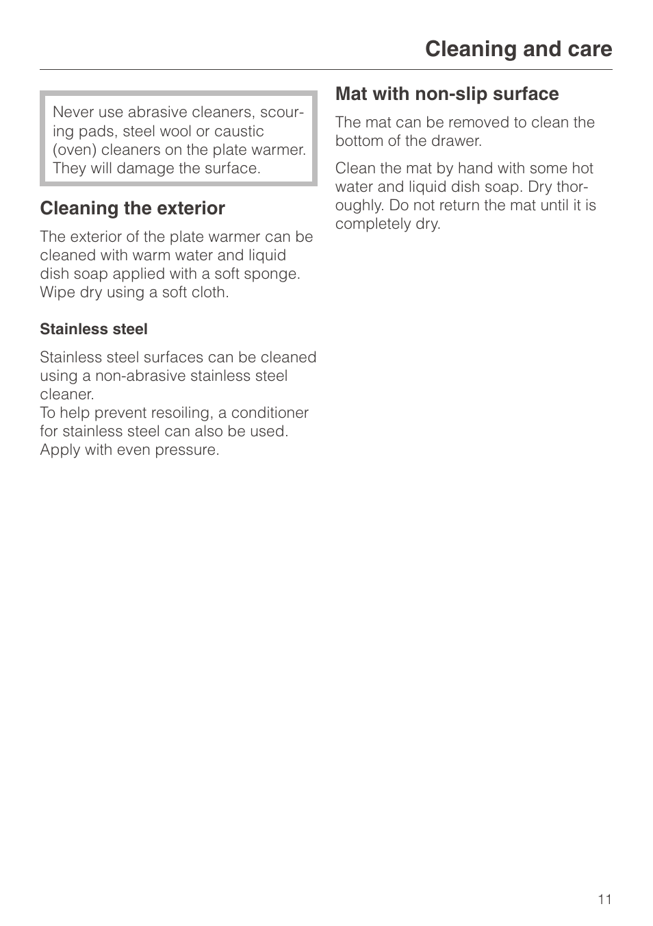 Cleaning and care 11, Cleaning the exterior 11, Mat with non-slip surface 11 | Cleaning and care, Cleaning the exterior mat with non-slip surface | Miele EGW602-14 User Manual | Page 11 / 20