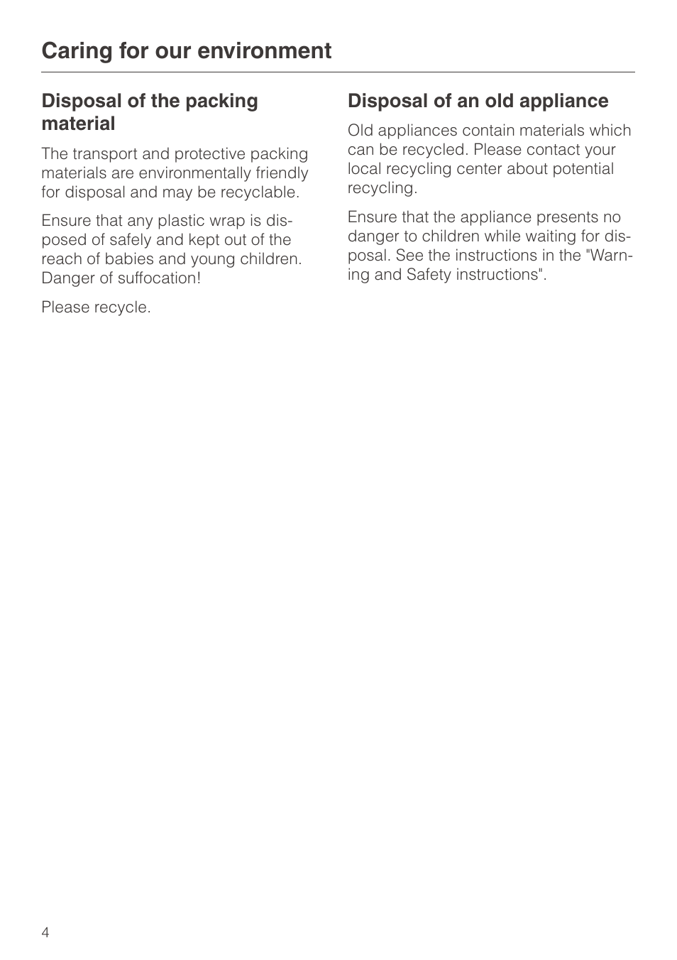 Caring for our environment 4, Caring for our environment | Miele EGW602-14 User Manual | Page 4 / 20