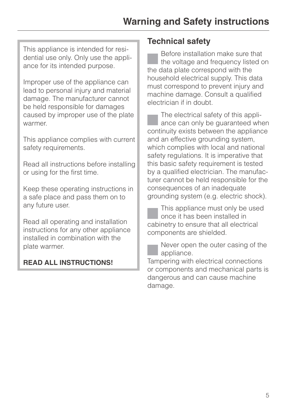 Warning and safety instructions 5, Warning and safety instructions, Technical safety | Miele EGW602-14 User Manual | Page 5 / 20