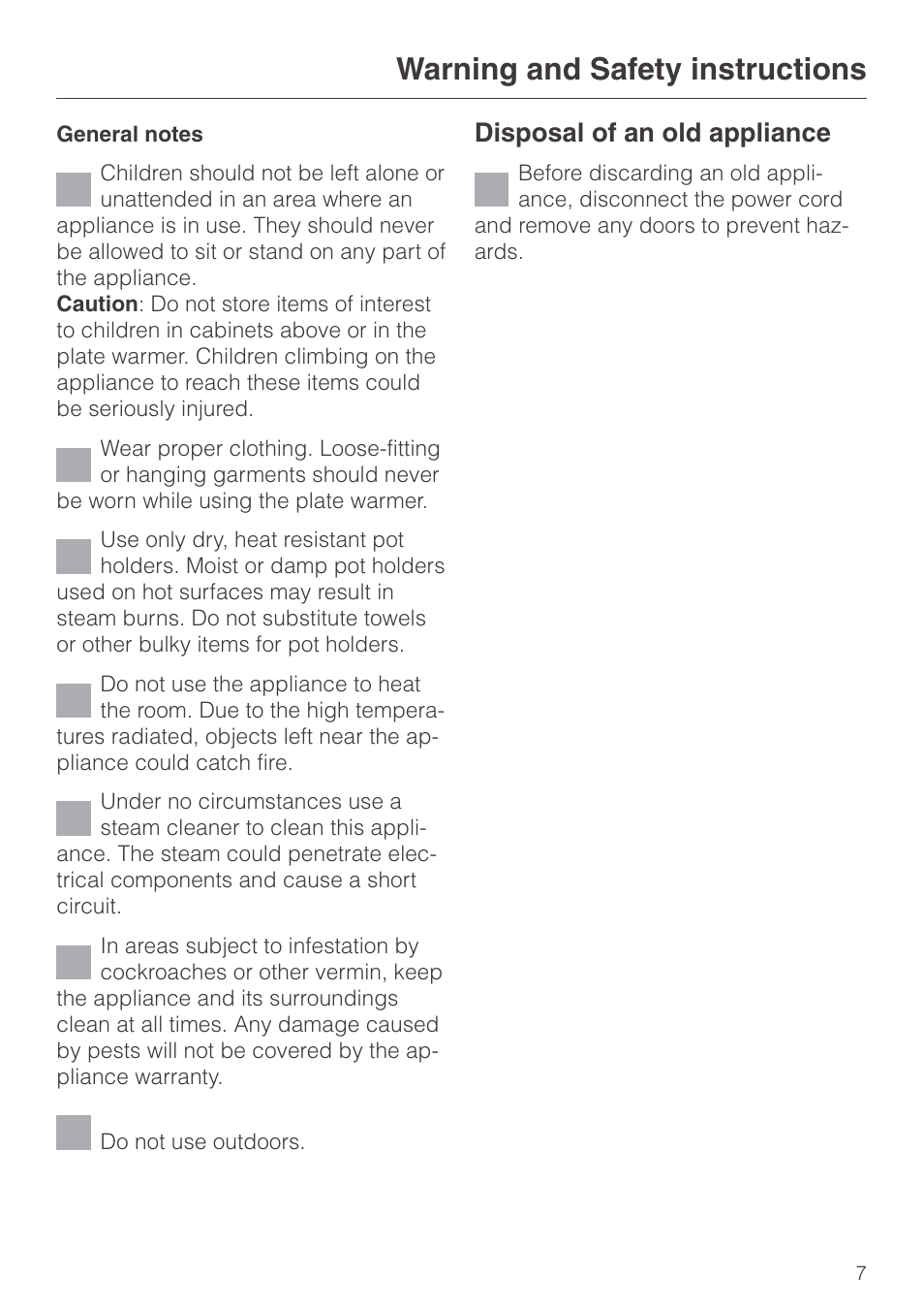 Warning and safety instructions, Disposal of an old appliance | Miele EGW602-14 User Manual | Page 7 / 20