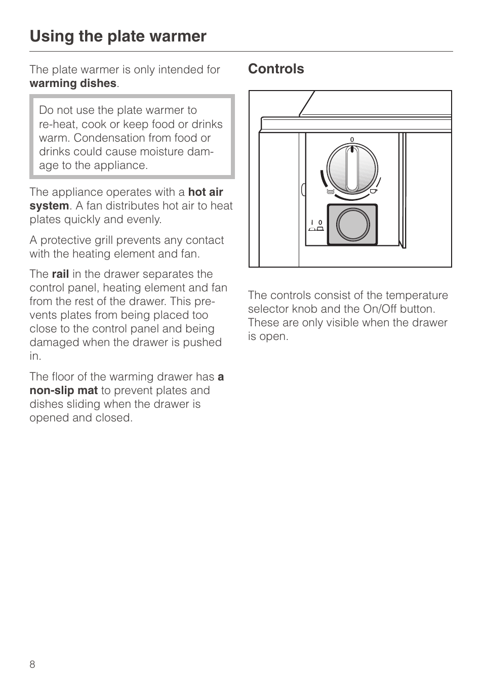 Using the plate warmer 8, Controls 8, Using the plate warmer | Controls | Miele EGW602-14 User Manual | Page 8 / 20