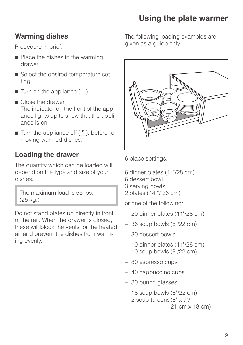 Warming dishes 9, Loading the drawer 9, Warming dishes loading the drawer | Using the plate warmer, Warming dishes, Loading the drawer | Miele EGW602-14 User Manual | Page 9 / 20