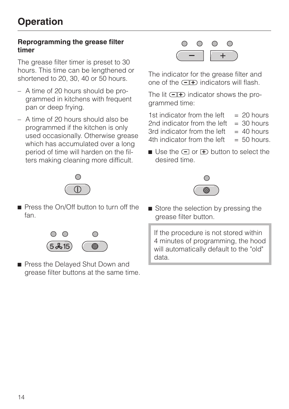Reprogramming the grease filter timer 14, Reprogramming the grease filter timer, Operation | Miele DA210-3 User Manual | Page 14 / 36