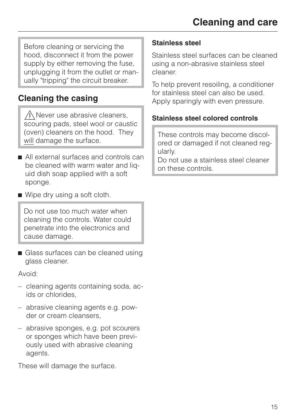 Cleaning and care 15, Cleaning the casing 15, Cleaning and care | Cleaning the casing | Miele DA210-3 User Manual | Page 15 / 36