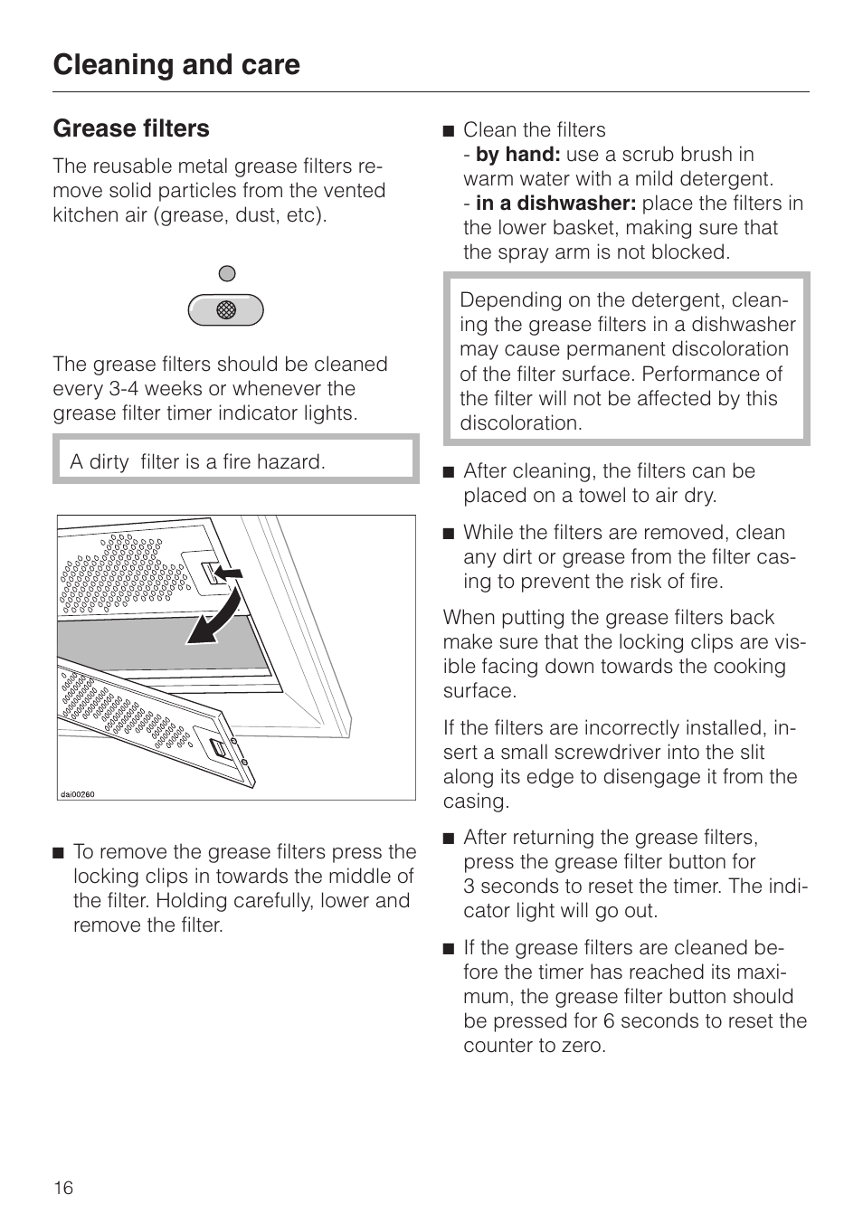 Grease filters 16, Grease filters, Cleaning and care | Miele DA210-3 User Manual | Page 16 / 36