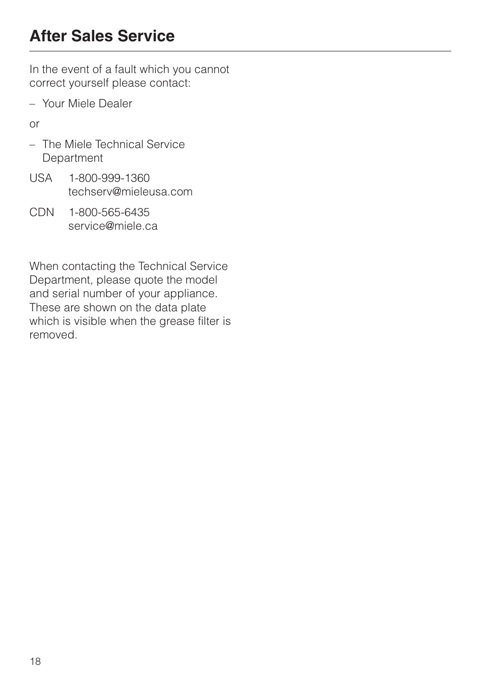 After sales service 18, After sales service | Miele DA210-3 User Manual | Page 18 / 36