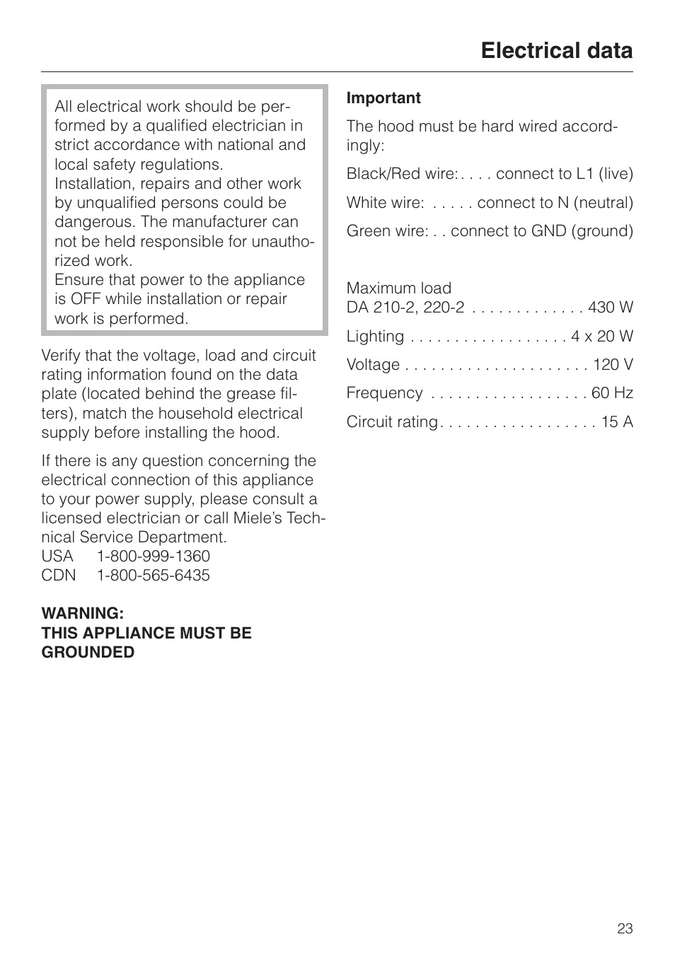 Electrical data 23, Electrical data | Miele DA210-3 User Manual | Page 23 / 36