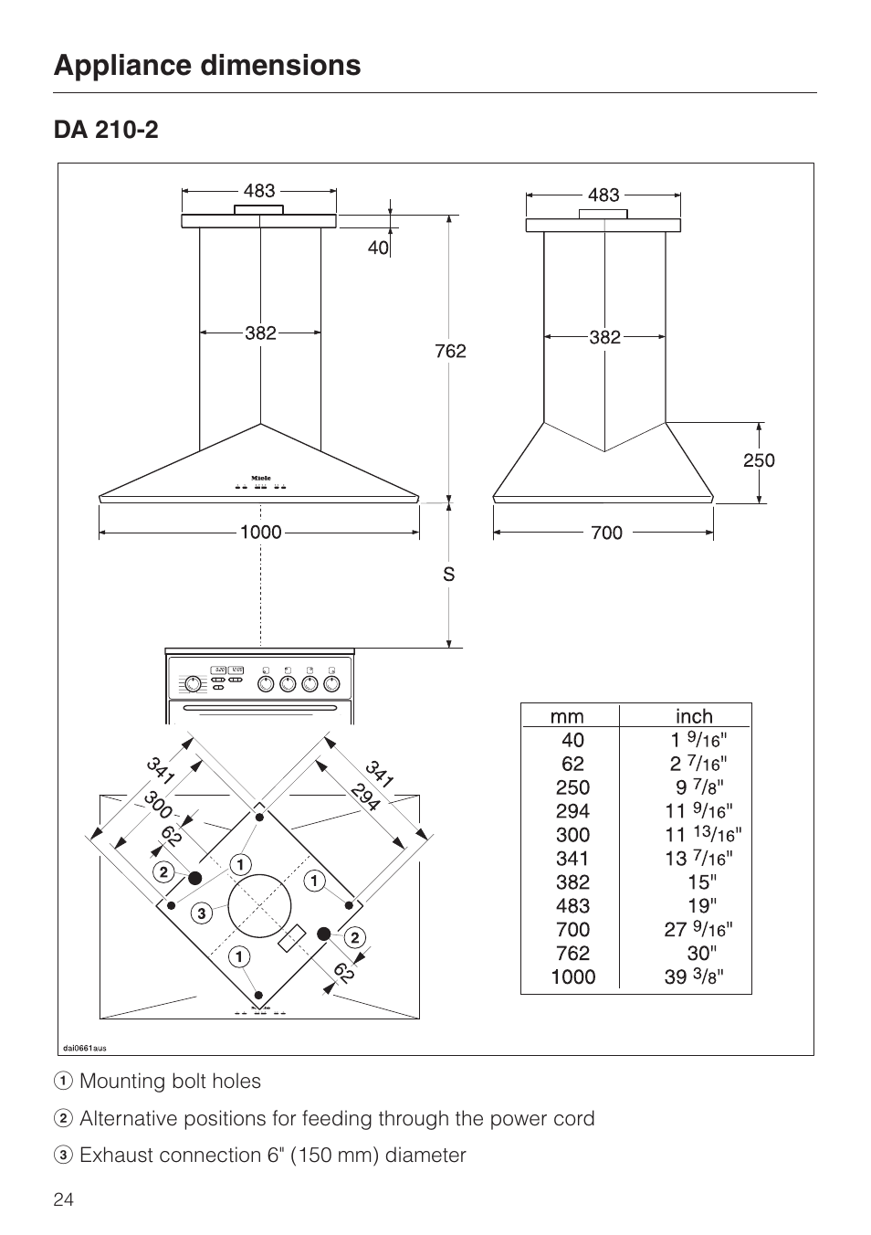 Appliance dimensions 24, Da 210-2 24, Appliance dimensions | Da 210-2 | Miele DA210-3 User Manual | Page 24 / 36