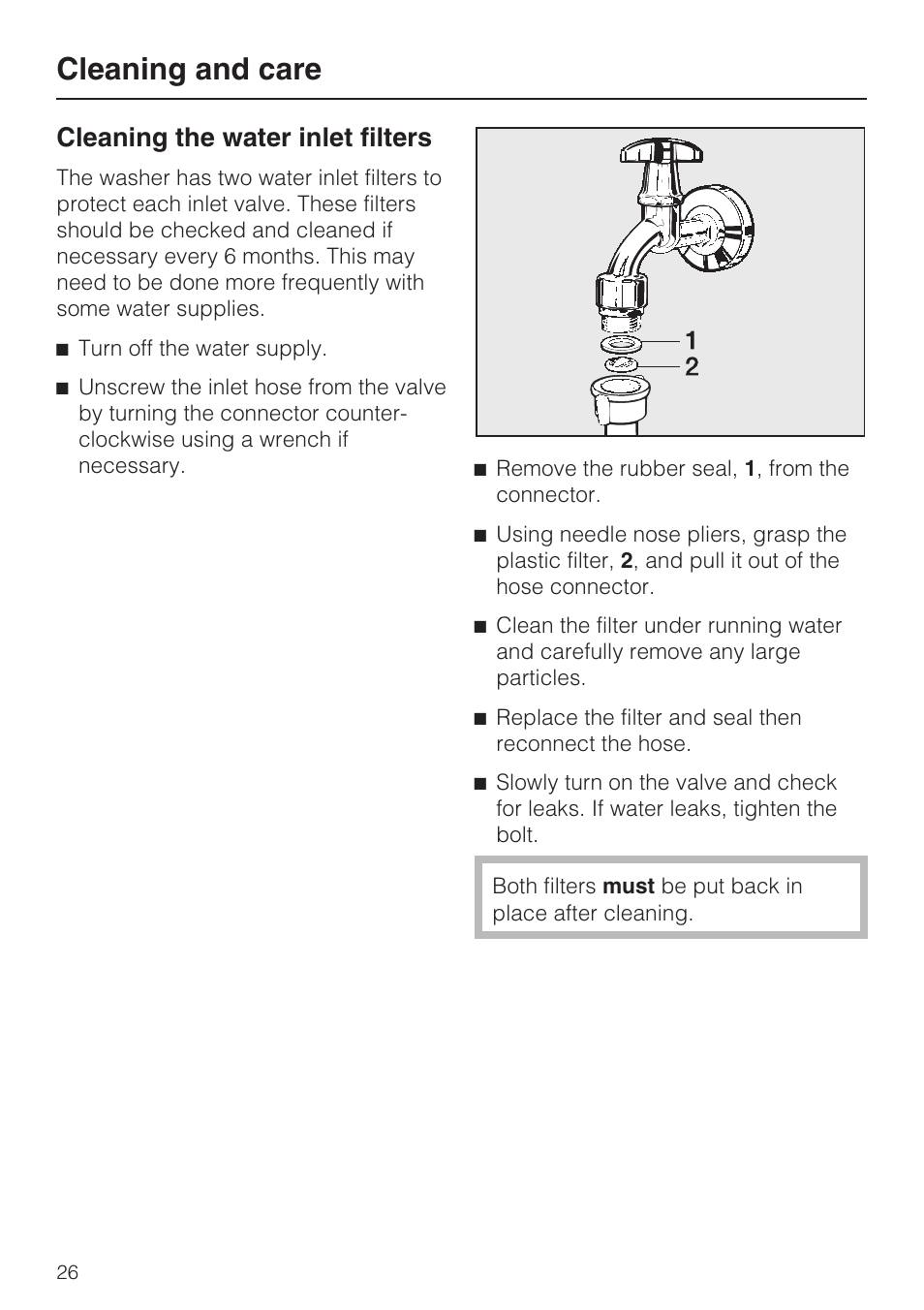 Cleaning the water inlet filters 26, Cleaning and care, Cleaning the water inlet filters | Miele W 4800 User Manual | Page 30 / 52