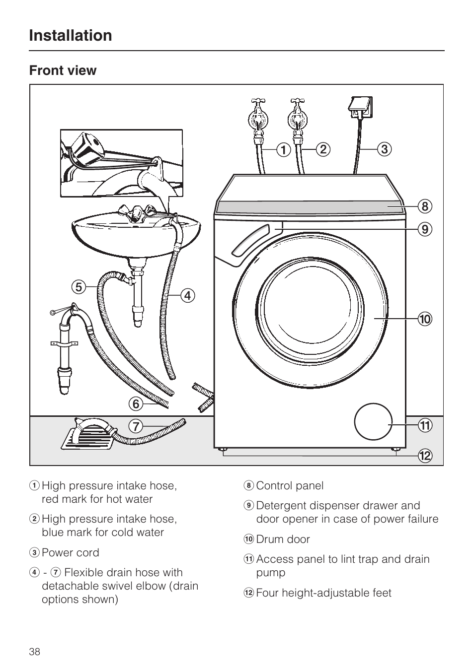 Installation 38, Installation, Front view | Miele W 4800 User Manual | Page 42 / 52