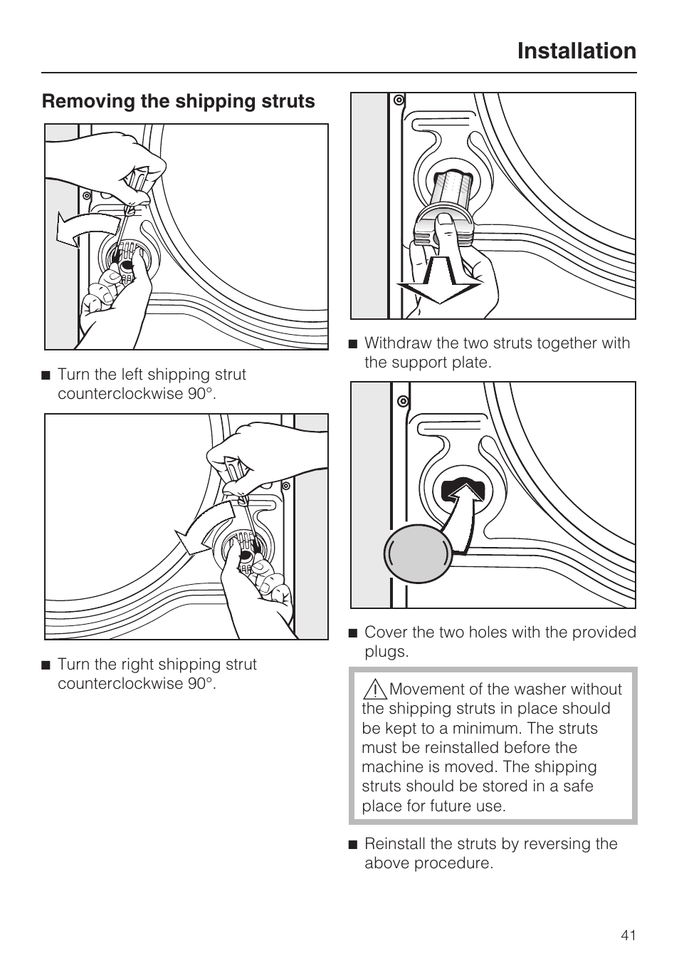 Removing the shipping struts 41, Installation, Removing the shipping struts | Miele W 4800 User Manual | Page 45 / 52