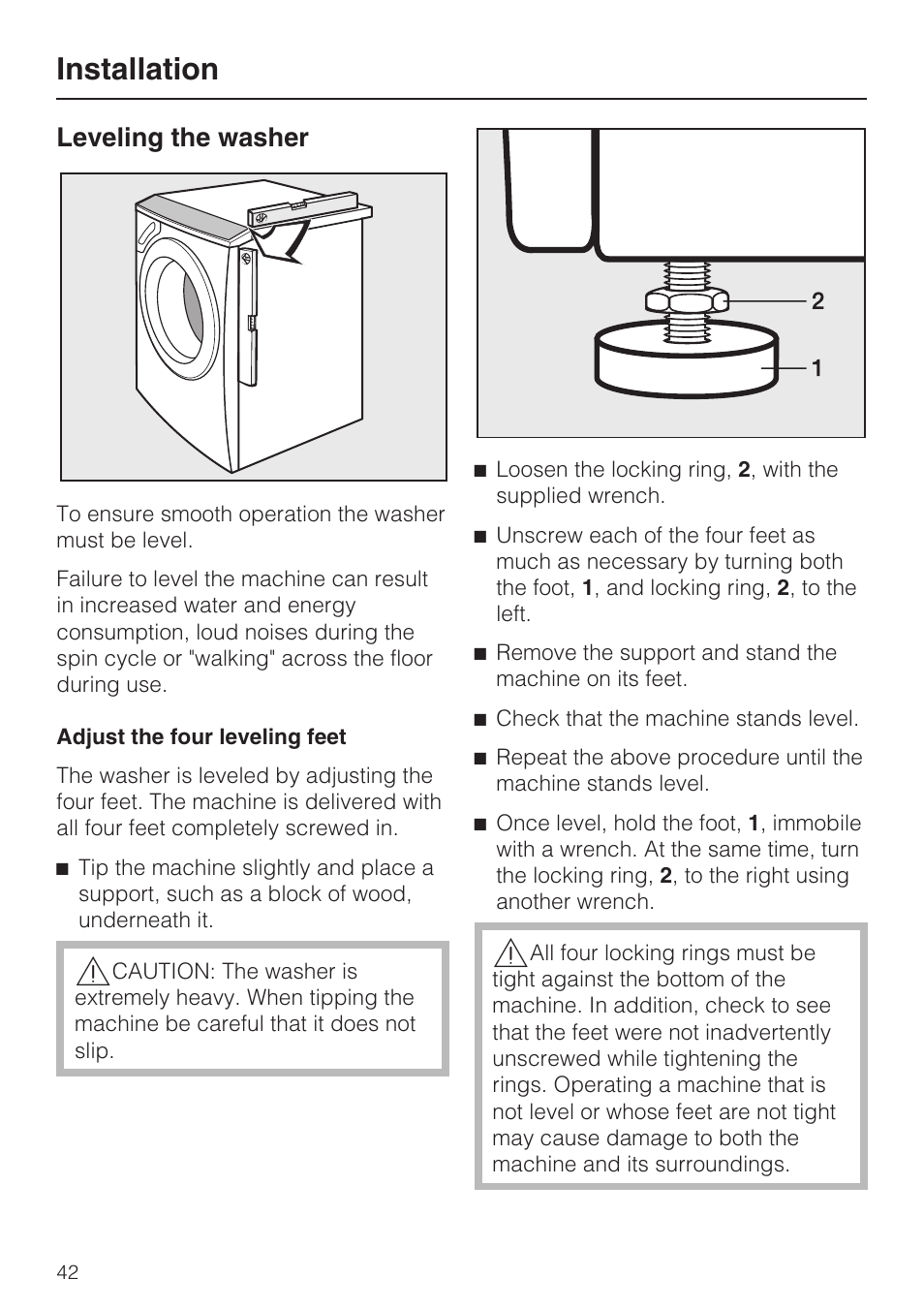 Leveling the washer 42, Installation, Leveling the washer | Miele W 4800 User Manual | Page 46 / 52