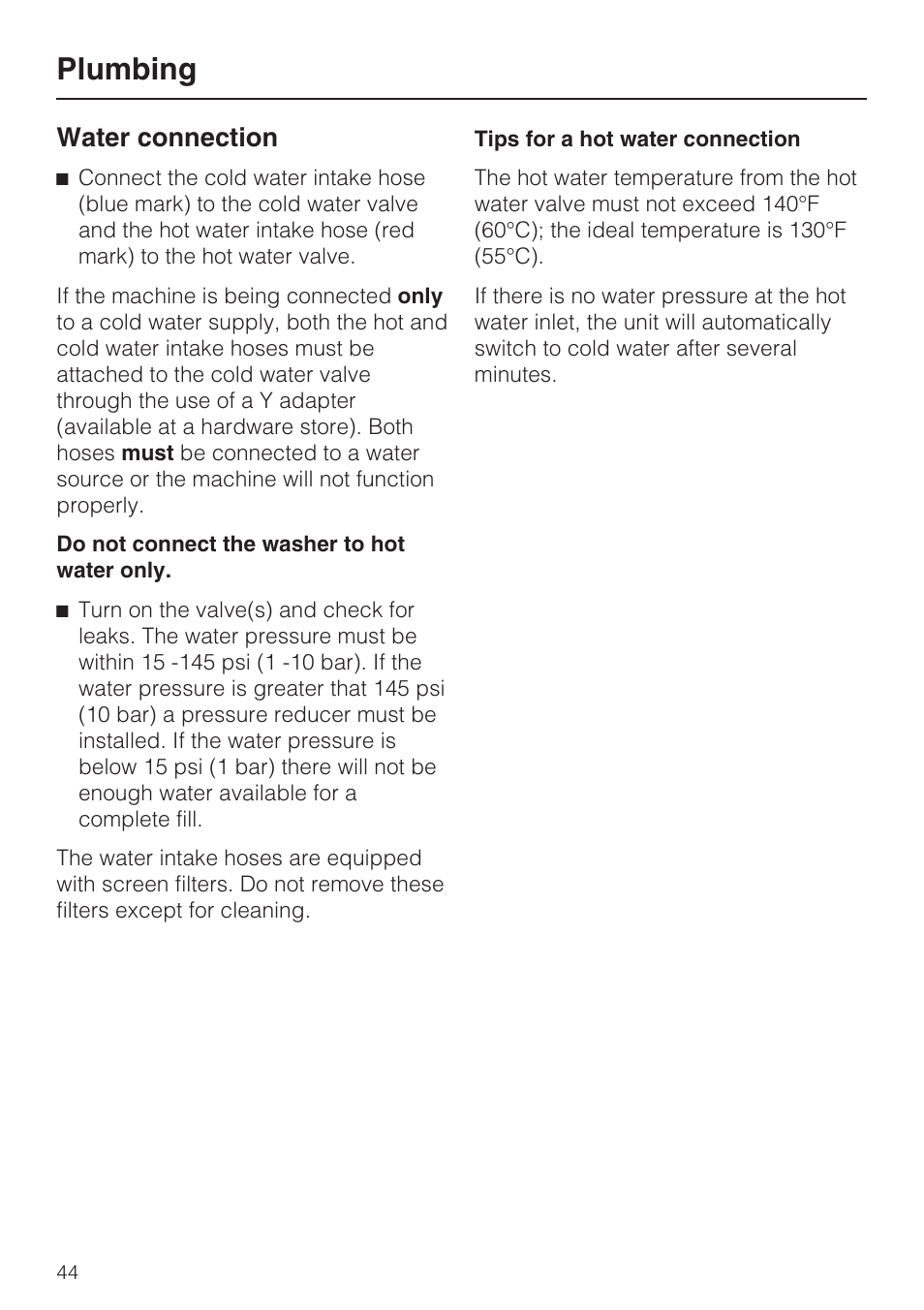Water connection 44, Plumbing, Water connection | Miele W 4800 User Manual | Page 48 / 52