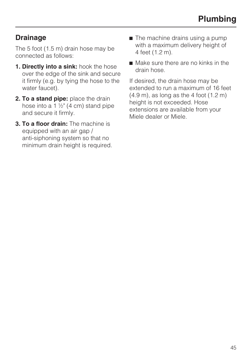 Drainage 45, Plumbing, Drainage | Miele W 4800 User Manual | Page 49 / 52