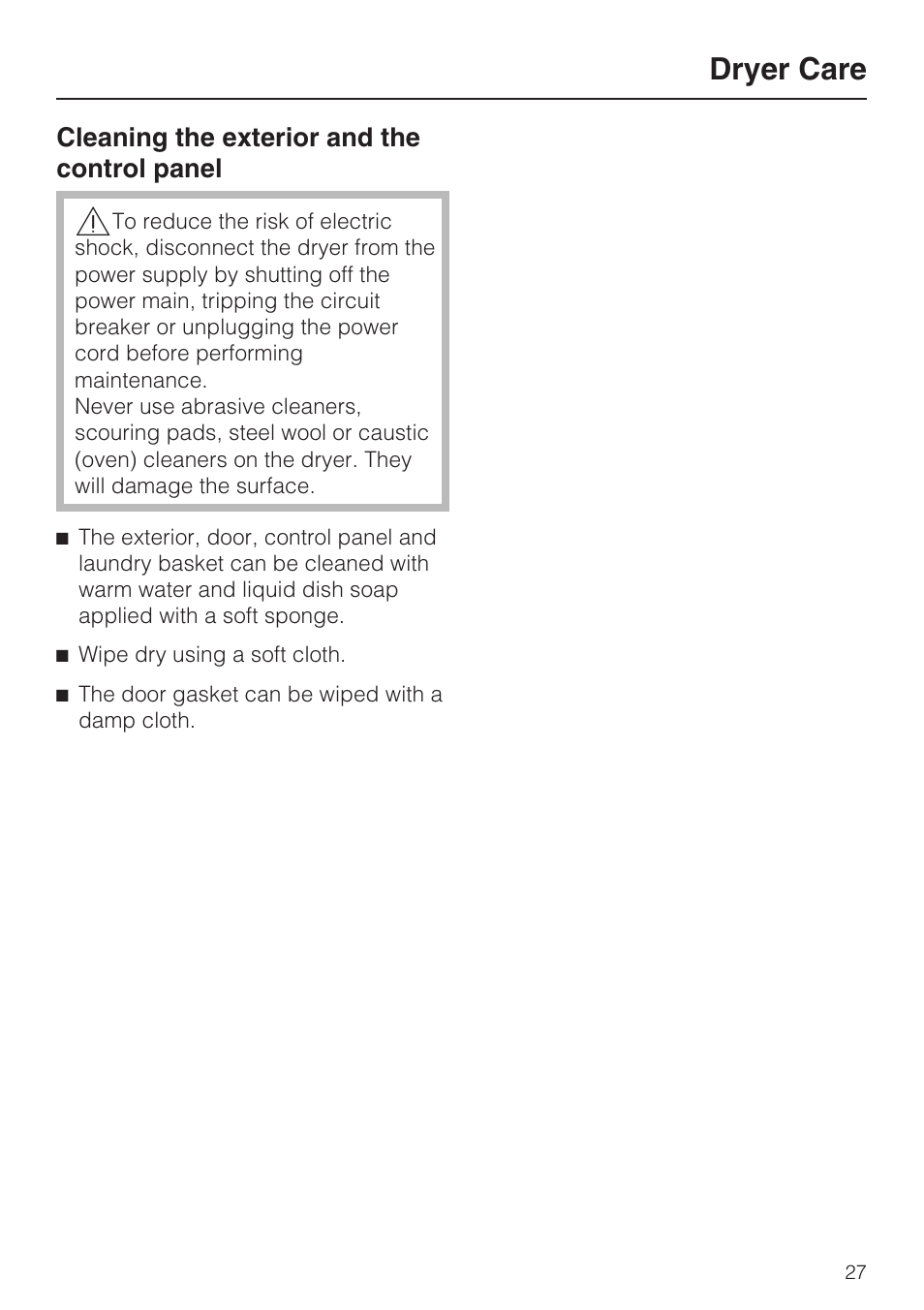 Cleaning the exterior and the control panel 27, Dryer care | Miele TOUCHTRONIC T 9820 User Manual | Page 31 / 36