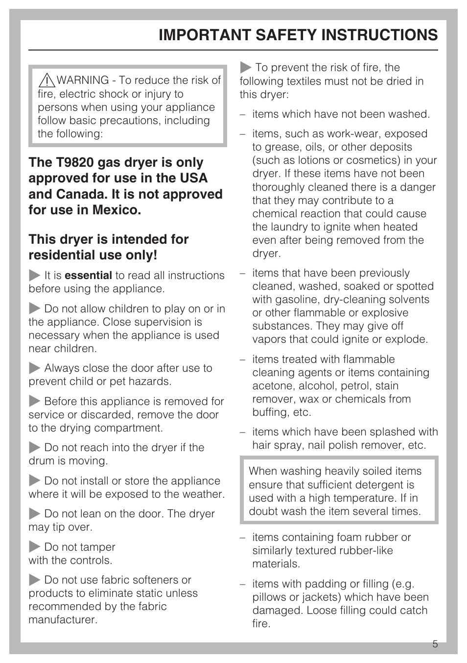 Important safety instructions 5, Important safety instructions | Miele TOUCHTRONIC T 9820 User Manual | Page 5 / 36