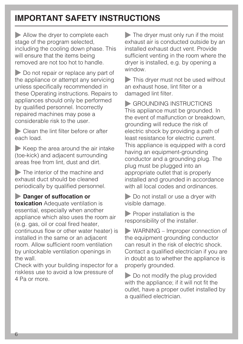 Important safety instructions | Miele TOUCHTRONIC T 9820 User Manual | Page 6 / 36