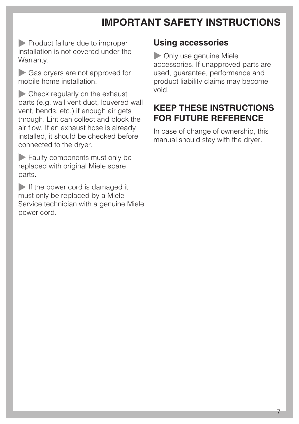 Important safety instructions | Miele TOUCHTRONIC T 9820 User Manual | Page 7 / 36