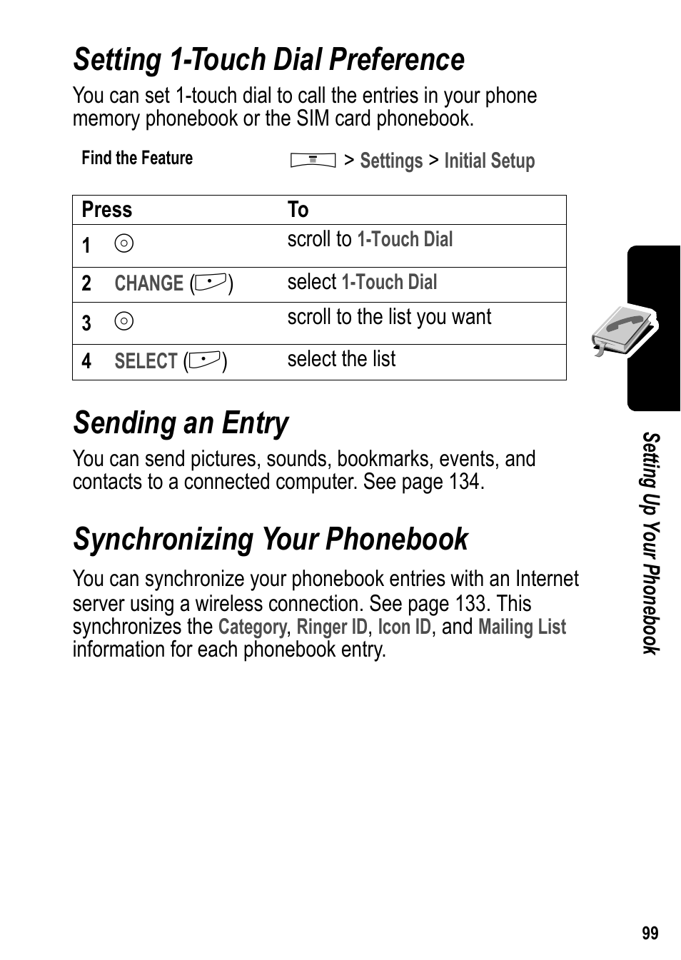 Setting 1touch dial preference, Sending an entry, Synchronizing your phonebook | Setting 1-touch dial preference | Siemens U15 User Manual | Page 100 / 188