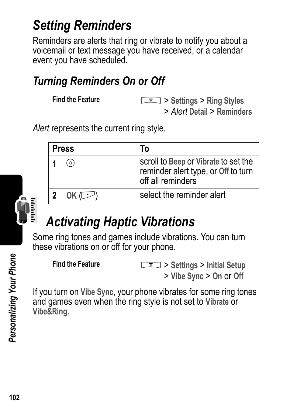Setting reminders, Turning reminders on or off, Activating haptic vibrations | Setting reminders activating haptic vibrations | Siemens U15 User Manual | Page 103 / 188